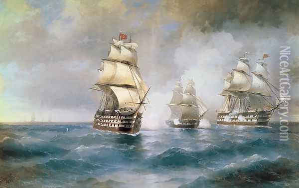 Brig Mercury Attacked by Two Turkish Ships 1892 Oil Painting - Ivan Konstantinovich Aivazovsky