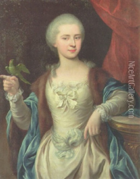 Portrait Of A Lady (marchesa Asinari De Caraglio?) In A White Dress With A Blue Mantel, A Parakeet On Her Hand Oil Painting - Johann Ernst Heinsius