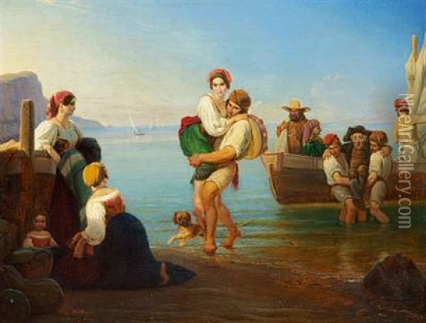 Landing On Capri. The Passengers Are Carried Ashore Oil Painting - Ernst Meyer