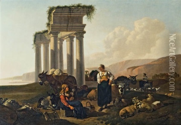 Landschaft Mit Frauen Und Viehherde Vor Einer Ruine Oil Painting - Gerrit Adriaensz Berckheyde