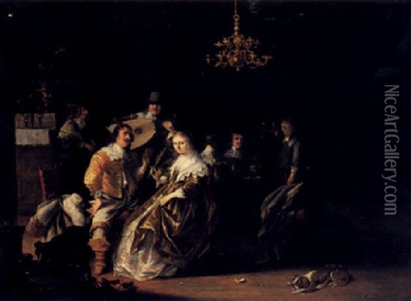 An Interior With Elegant Company Drinking And Making Music Gathered Round A Table Oil Painting - Anthonie Palamedesz