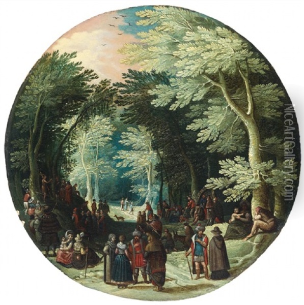 Wooded Landscape With John The Baptist Preaching Wooded Landscape With Noblemen Oil Painting - Jasper van der Laanen
