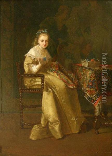 Young Woman With Her Embroidery Oil Painting - Charles Francois Pecrus