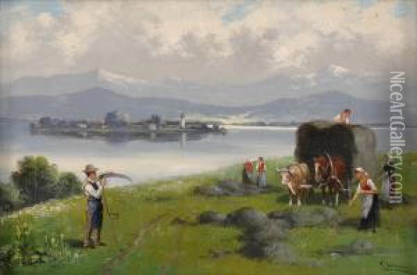 Heuernte Am Chiemsee. Oil Painting - Alfred Schonian