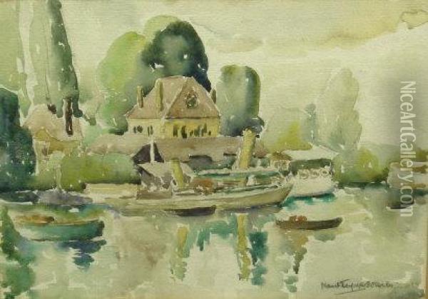 A River Landscape With Boats Moored Alongside A House Oil Painting - Nan S. Ferguson