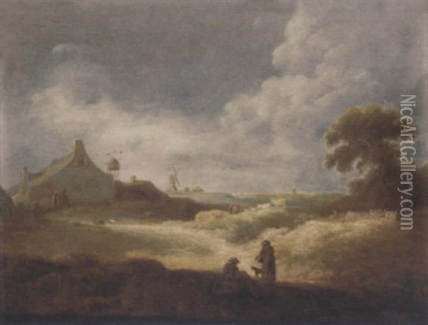 An Extensive Landscape With Peasants In The Foreground, A Farmhouse And A Windmill Beyond Oil Painting - Pieter de Bloot