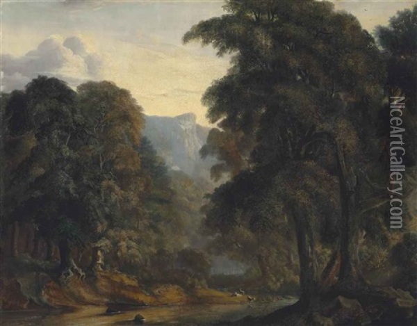 An Extensive Wooded River Landscape, With Deer And Goats Watering By A Riverbank Oil Painting - John Glover