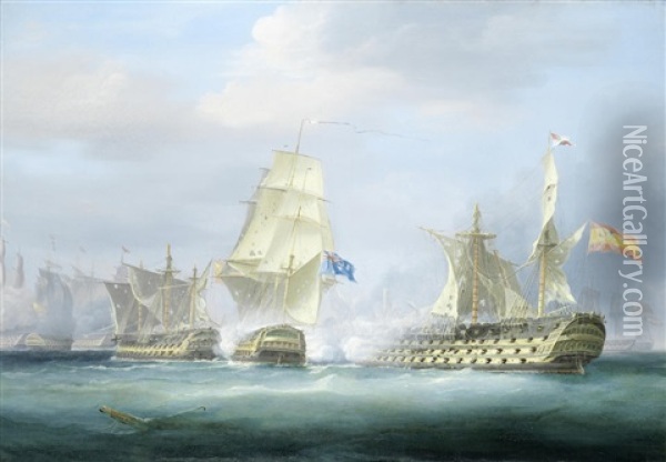 Captain Collingwood's 74-gun Excellent Engaging Two Enemy Vessels, Including The Mighty 110-gun Spanish 4-decker Salvador Del Mundo, At The Battle Of Cape St. Vincent, 14th February 1797 Oil Painting - William John Huggins
