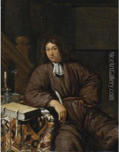 A Gentleman At His Desk Oil Painting - Michiel van Musscher