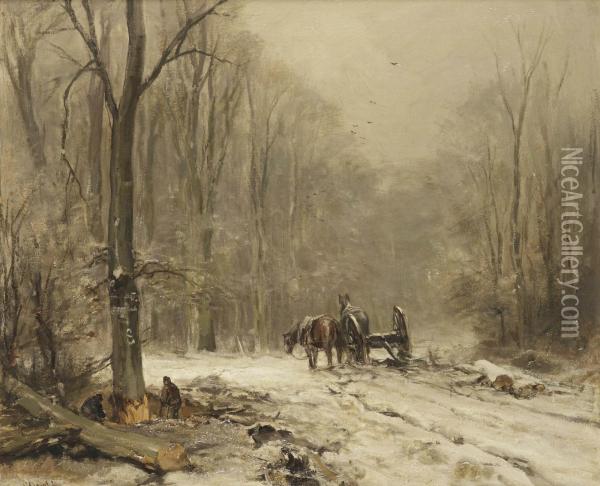 Loggers In A Winter Forest Oil Painting - Louis Apol