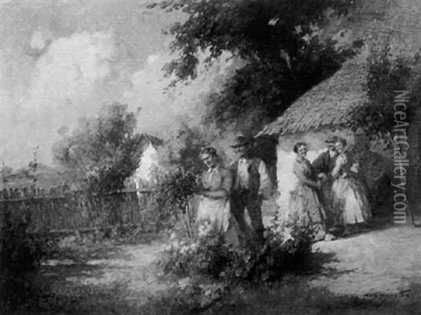 Peasants Gathering In Cottage Garden Oil Painting - Acs Agoston