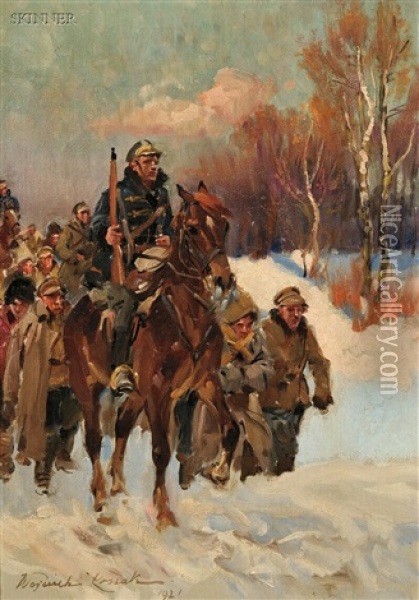 Reconnaissance (+ A Cold Winter March; 2 Works) Oil Painting - Woiciech (Aldabert) Ritter von Kossak
