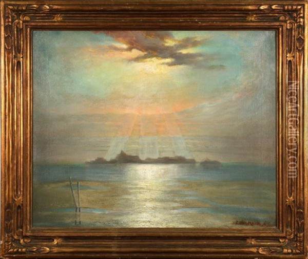 Hudson River And Beloes Island With View Of Statue Of Liberty Construction Oil Painting - Edward Moran