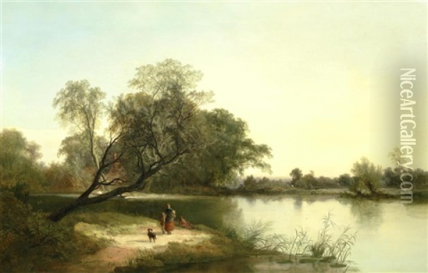 Figures Resting By A Lake Oil Painting - George Augustus Williams