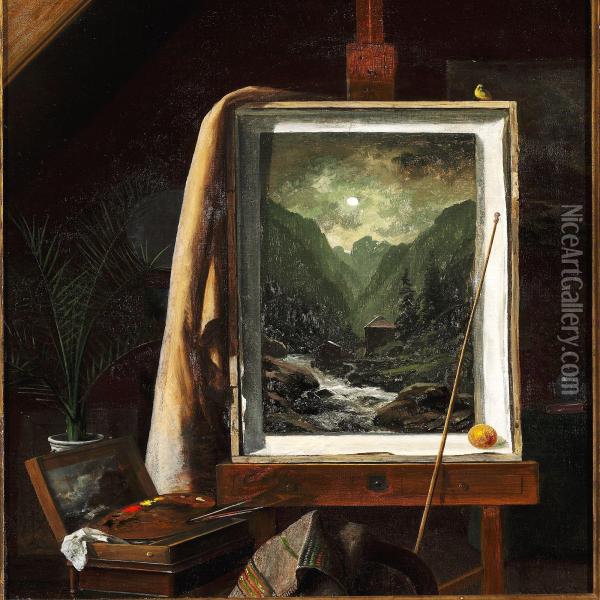 From The Artist's Studio, On The Easel One Of Libert's Paintings With A Motif From Norway Oil Painting - Georg Emil Libert