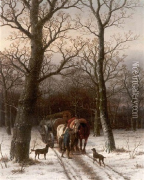 Waldbauer Mit Einem Pferdegespann Im Winterwald Oil Painting - Caesar Bimmermann