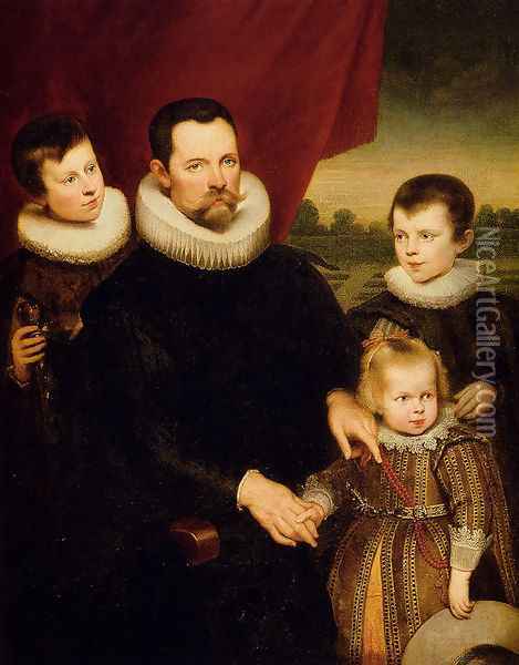 Portrait Of A Nobleman And Three Children Oil Painting - Cornelis De Vos