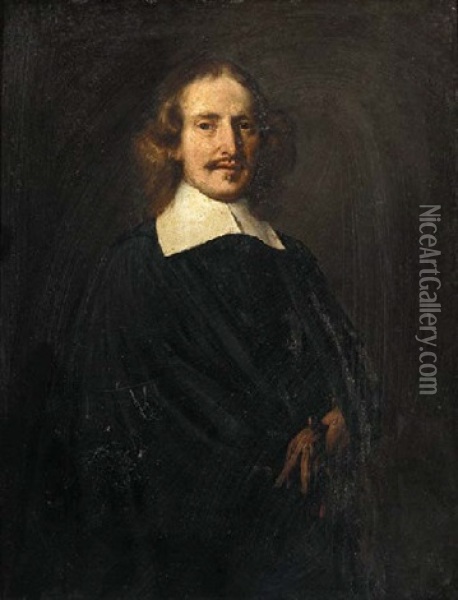 Portrait Of A Gentleman In A Black Costume, A Pair Of Gloves In His Hand Oil Painting - Thomas De Keyser