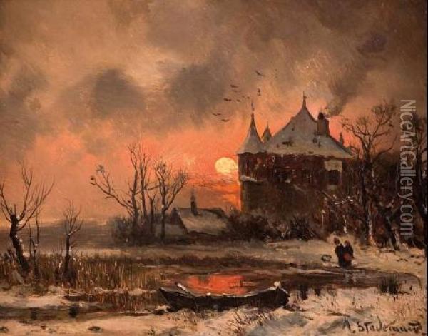 Pejzaz Zimowy Z Zamkiem O Zachodzie Slonca Oil Painting - Adolf Stademann