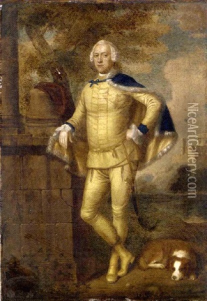 Portrait Of John Manners, Marquis Of Granby, In Masquerade Hussar's Costume, With A Spaniel And Column In A Landscape, Belvoir Castle Beyond Oil Painting - Edward Haytley