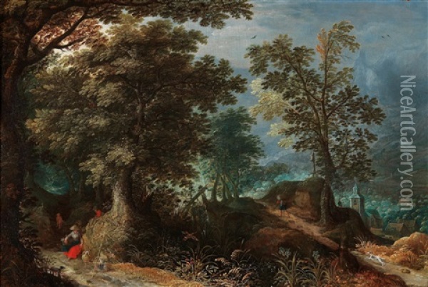 A Wooded Landscape With Travellers Oil Painting - Abraham Govaerts