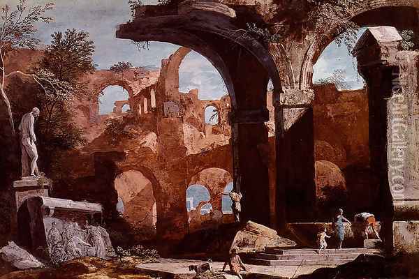 An Architectural Capriccio With Figures Investigating A Tomb Amongst Ruins Oil Painting - Marco Ricci