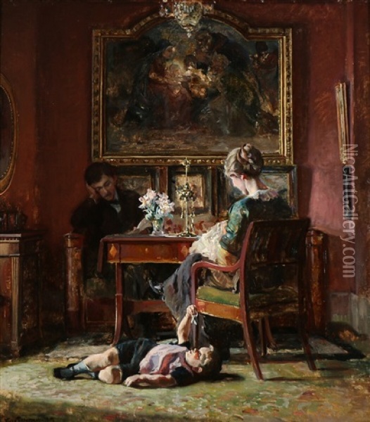 A Living Room Interior With Three Figures Oil Painting - Viggo Pedersen