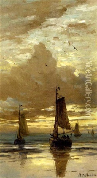 Bomschuiten In The Surf At Dusk Oil Painting - Hendrik Willem Mesdag