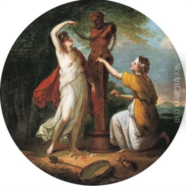 Nymphs Adoring A Herm Of Priapus Oil Painting - Angelika Kauffmann
