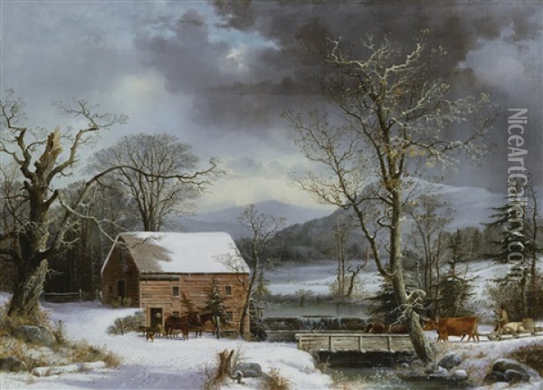 At The Mill, Winter Oil Painting - George Henry Durrie