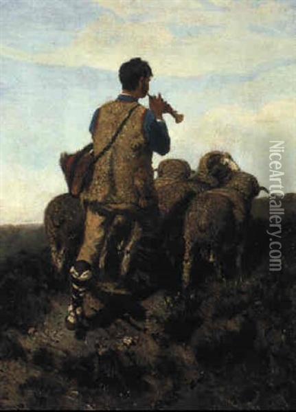 A Shepherd Playing His Flute With His Flock Oil Painting - Giuseppe Palizzi