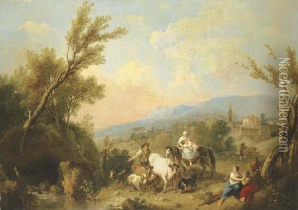 A Landscape With Peasants And Animals By A River With A Fortifiedtown On A Ridge Beyond Oil Painting - Francesco Zuccarelli