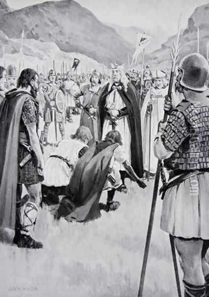 The Council of Dacor, 926, when Athelstan drove out Guthfrith the young King of Danish Northumbria, illustration from the book The History of the Nation Oil Painting - Archibald Webb