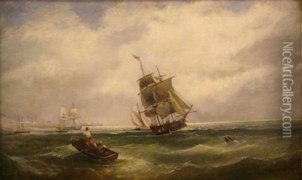 Figures In A Rowing Boat And Sailing Vessels Near A Harbour Oil Painting - William Calcott Knell