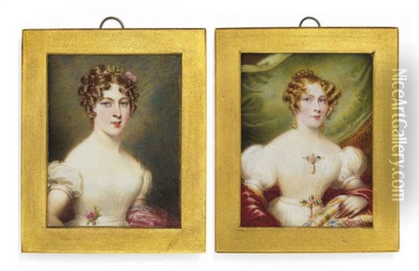 Mary Jane Todd, Nee Brydges, In White Dress With Gem-set Brooches At Corsage And Waist, Gold Earrings, Red Shawl And Green Curtain Background (+ 3 Others; 4 Works) Oil Painting - Emma Eleonora (Eleanor) Kendrick