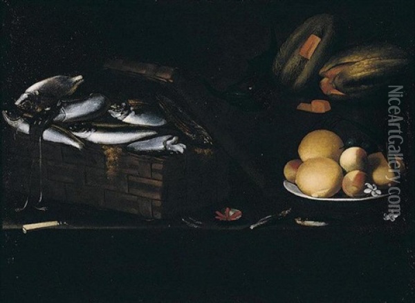 Still Life Of Fish And Squid In A Basket, Oranges And Peaches On A Plate, Together With Melons And A Knife, Arranged Upon A Table-top Oil Painting - Giovanni Battista Recco