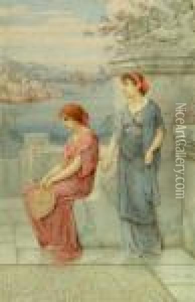 Two Classical Maidens On A Terrace Overlooking The Sea Oil Painting - William Anstey Dollond