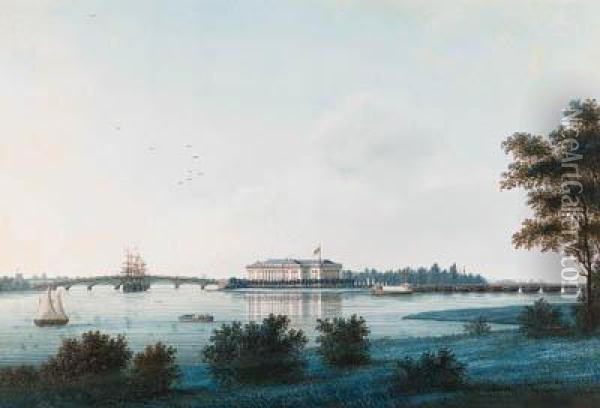 View Of The Kamenno-ostrov Palace Across The River Neva Oil Painting - Johann Wilhelm Gottfried Barth