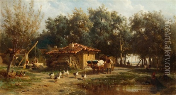 At A Farm Oil Painting - Karl Girardet