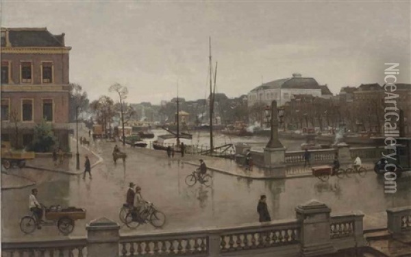 A Busy Hogesluis With The Theatre Carre On The River Amstel, Amsterdam Oil Painting - Cornelis Vreedenburgh
