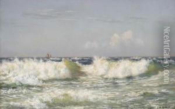 Breakers Off The Coast, A Vessel Beyond Oil Painting - Johannes Herman Brandt