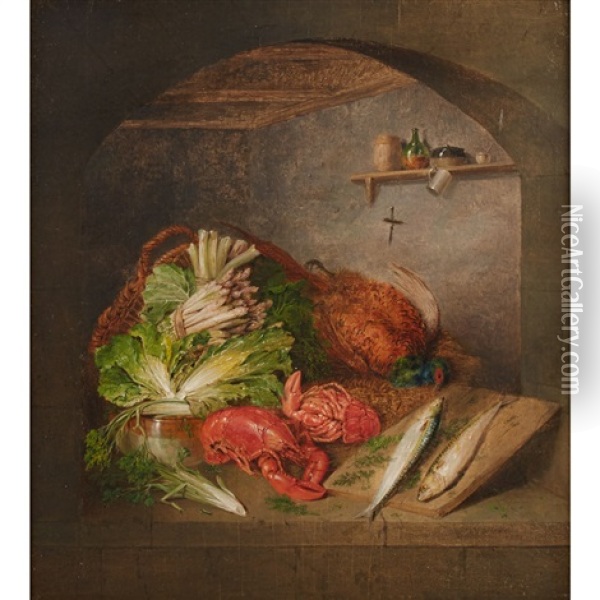 Kitchen Still Life With Asparagus, Poultry And Lobsters Oil Painting - Benjamin Blake