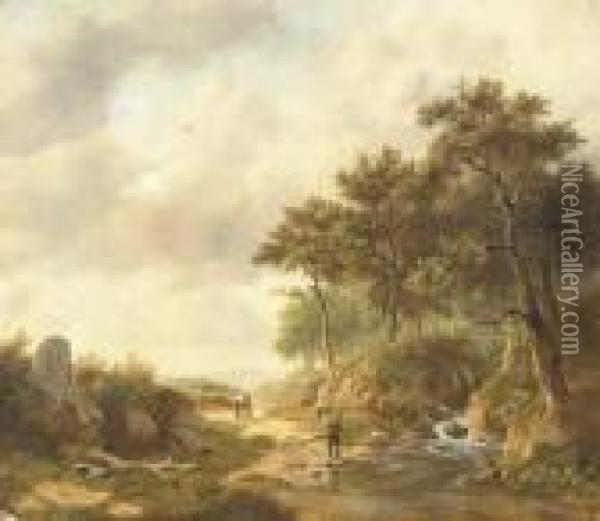 A Summer Landscape With Figures By A Stream Oil Painting - Georg Andries Roth