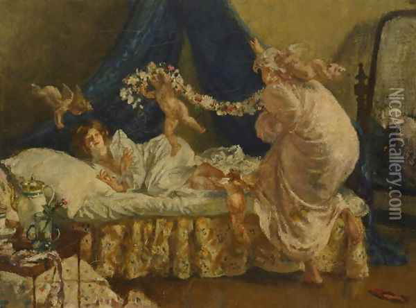 The Arrival of Cupid, from Memories of my Dead Wife, c.1906 Oil Painting - Henry Tonks