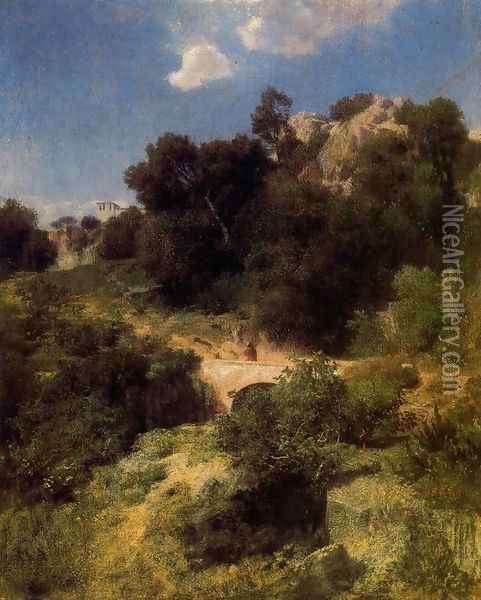 Bridge in a mountain landscape Oil Painting - Arnold Bocklin