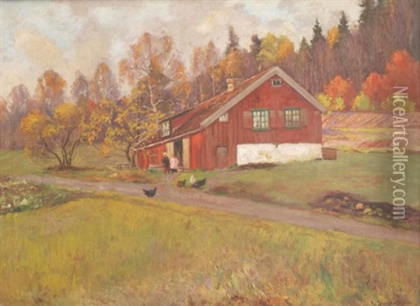 Autumnal Farm Sceen, Red Barn With Chickens Oil Painting - Andreas Singdahlsen