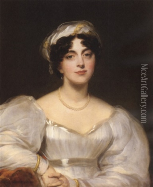 Portrait Of A Lady (mrs. Finch?) Wearing A White Dress With A White And Gold Turban Oil Painting - Thomas Lawrence