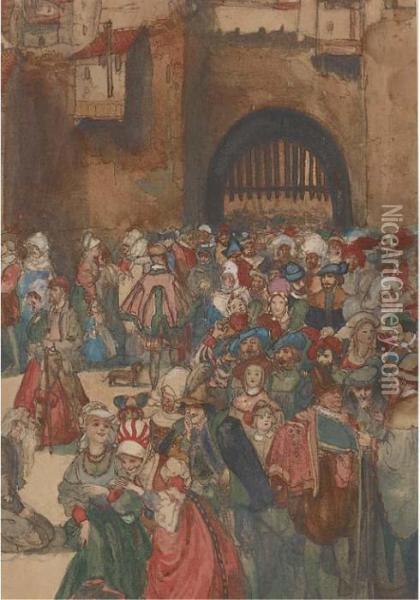 Crowds By The Town Gate Oil Painting - Arthur Rackham