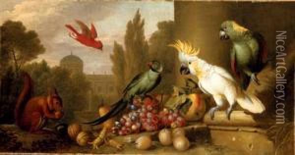 A Cardinal, A Plum-headed 
Parakeet, A Lesser Sulphur-crested Cockatoo, A Yellow-naped Amazon, And A
 Squirrel With Grapes, Apples, Plums And Walnuts In A Ruin, A City 
Beyond Oil Painting - Jakob Bogdani Eperjes C