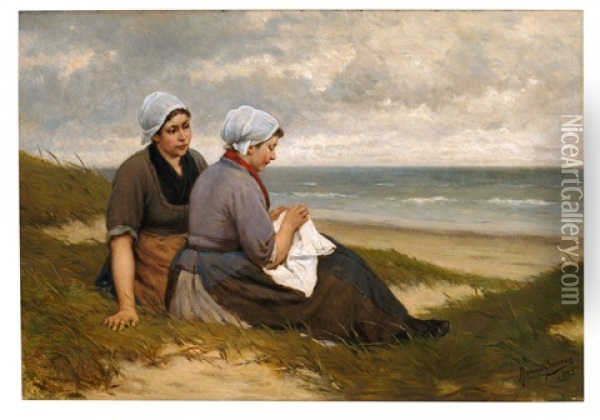 Zwei Madchen In Belgischer Tracht Am Strand Oil Painting - Henri Bource